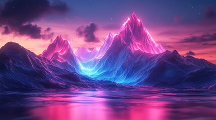 Poster - A vibrant, colorful, neon mountain range reflected in a still lake, with a cloudy, starry sky above.