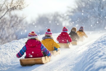 children racing down a snow-covered hill on wooden toboggans, bundled up in colorful winter clothes, minimal background with copy space