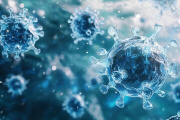 Poster - Visual representation of virus particles in a microscopic environment under blue lighting