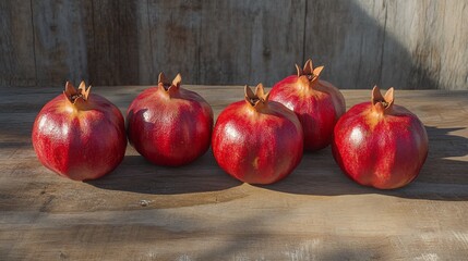 Five ripe pomegranates arranged in a row on a rustic wooden table.