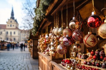 traditional Christmas market stall selling handcrafted ornaments, with a backdrop of historic European architecture, minimal background with copy space