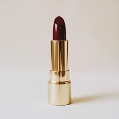 burgundy lipstick in a gold case on a light background with shadow