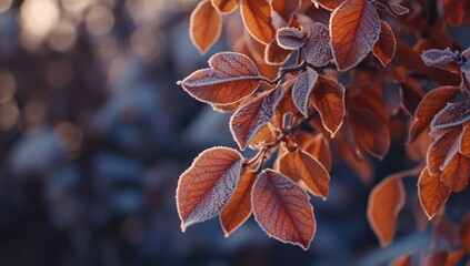 Wall Mural - Frost-covered orange leaves glisten in the cold morning light of a serene winter landscape