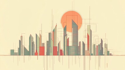 Poster - The artwork features a stylized futuristic skyline with sharp geometric shapes, portrayed against a glowing sun at dusk. Generative AI