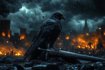 Black raven sitting on a battlefield near a knight sword on the background of a conquered castle.