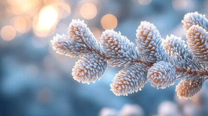 Poster - A frost-laden pine branch showcases tiny snowflakes reflecting sunlight against a softly blurred winter background filled with cool tones.