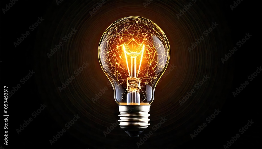 A light bulb with a complex digital network inside against a dark ...