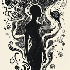 Aufkleber - A solitary figure stands amidst swirling, abstract patterns, representing a journey of self-reflection and creativity. Generative AI