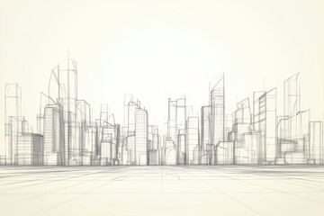 Fototapete - This artwork features a sleek and futuristic city skyline, emphasizing geometric shapes and clean lines against a neutral backdrop. Generative AI
