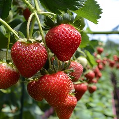 Wall Mural - Close up of ripe strawberries on a vine.