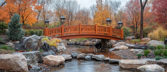 Wall Mural - A wooden bridge spans a tranquil stream surrounded by autumn foliage in a serene garden setting.