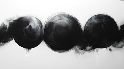 Three black spheres creating abstract art with ink dripping and smoke effect