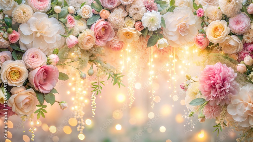 Beautiful floral arch with pink and white roses and fairy lights for a ...