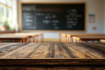 Poster - Empty wooden table top with a blurred background of a modern school classroom, suitable for product display montage
