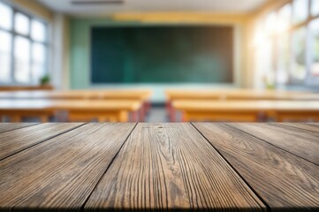 Poster - Empty wooden table top with blurred background of modern school classroom and blackboard