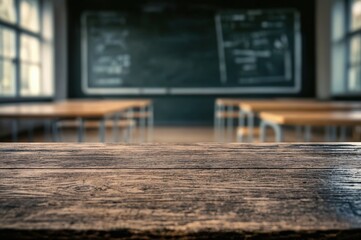 Aufkleber - Empty wooden table top with blurred classroom background for display
