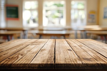 Poster - Empty wooden table top with blurred high school classroom background
