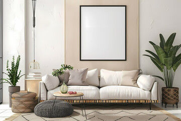 A serene living room scene featuring a comfortable white sofa adorned with plush pillows, surrounded by elegant plants and a minimalist design.