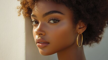 A close-up of a woman with curly hair and natural makeup, highlighting her expressive eyes and glowing skin, This image can be used for beauty, skincare, fashion, and lifestyle marketing,