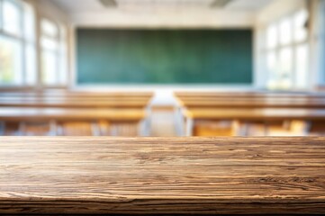 Aufkleber - Classroom setting with wooden desks and chairs, focused on the foreground, chalkboard in a bright