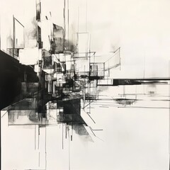 Fototapete - An intricate composition of geometric shapes and lines creates a dynamic urban landscape illustrating depth and contrast in black ink. Generative AI