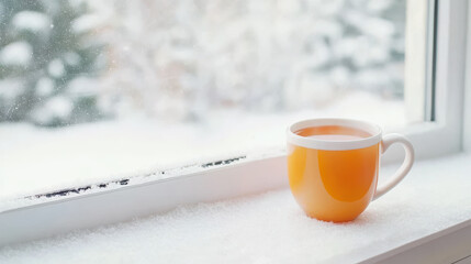 Warm mug of spiced cider on snowy windowsill creates cozy atmosphere