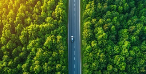 Aufkleber - Aerial view of a car driving on an empty road surrounded by lush green forests