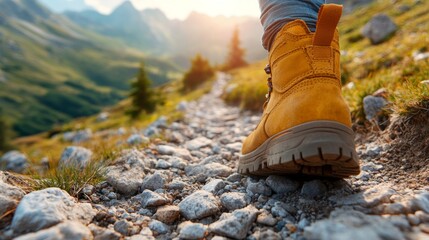 Poster - A person walks along a rocky trail in mountainous terrain at sunset. The bright yellow hiking boots contrast with the natural surroundings, enhancing the adventurous atmosphere.