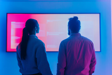 Two people observing data on a screen in blue lighting