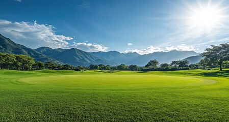 Poster - Landscape with lush green fields, majestic mountains, and a bright blue sky and the sun.