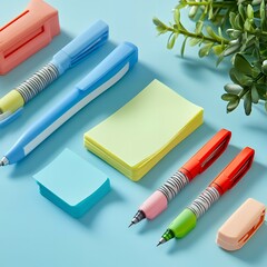 Colorful pens and sticky notes on a blue background.