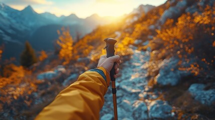 Poster - A hiker in a bright yellow jacket holds a trekking pole while navigating a rocky path. The sun casts a warm glow over the autumn foliage and mountains.