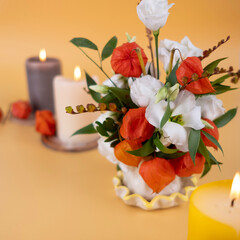 Fall fresh flower arrangement with candles