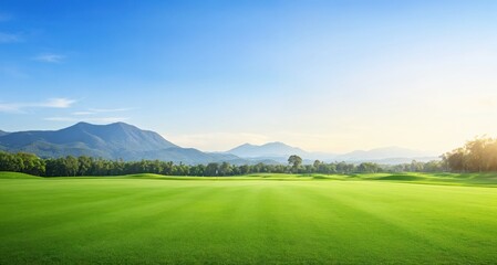 Aufkleber - Landscape with lush green fields, distant mountains, and a clear blue sky