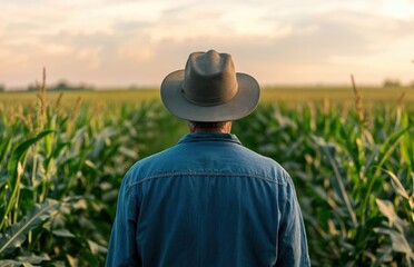 Aufkleber - Man in a hat stands in a cornfield with lush green cornfield under a beautiful sunset sky.