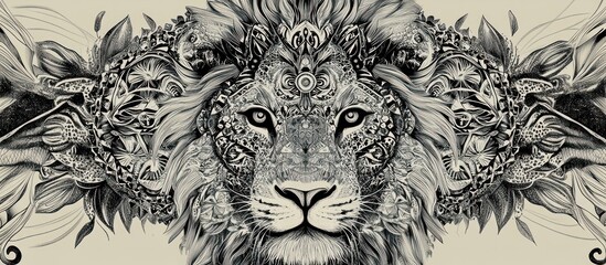  Detailed black and white illustration of a lion's head surrounded by ornate floral patterns.