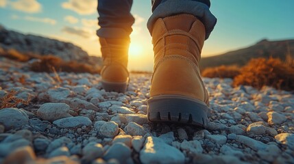 Poster - As daylight fades, an individual walks along a rugged path, surrounded by smooth stones and bathed in the warm hues of a sunset. The stunning landscape enhances their outdoor experience.
