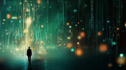 Poster - Silhouette of a person in a huge city woven from data streams. The concept of a lonely person in a big digital world