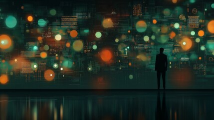 Poster - Silhouette of a person in a huge city woven from data streams. The concept of a lonely person in a big digital world
