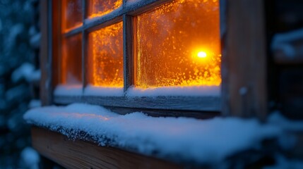 Poster - A warm orange light shines through a window covered with frost, highlighting the snowy landscape outside in a tranquil winter evening setting.