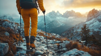 Aufkleber - A person dressed in bright yellow hiking gear walks along a rocky path as the sun sets behind the mountains, creating a stunning backdrop of nature's beauty.