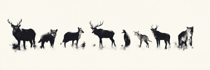 Poster - The artwork displays minimalistic ink silhouettes of various wild animals, creating a serene atmosphere in a subtle outdoor landscape. Generative AI