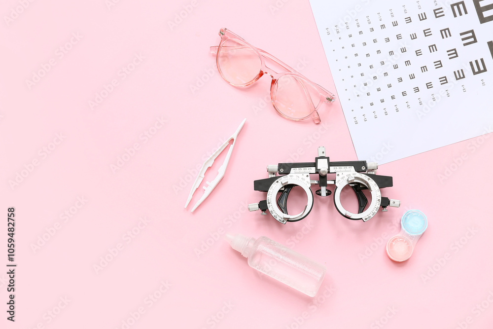 Optical trial frame with eye test chart, eyeglasses and set for contact lenses on pink background