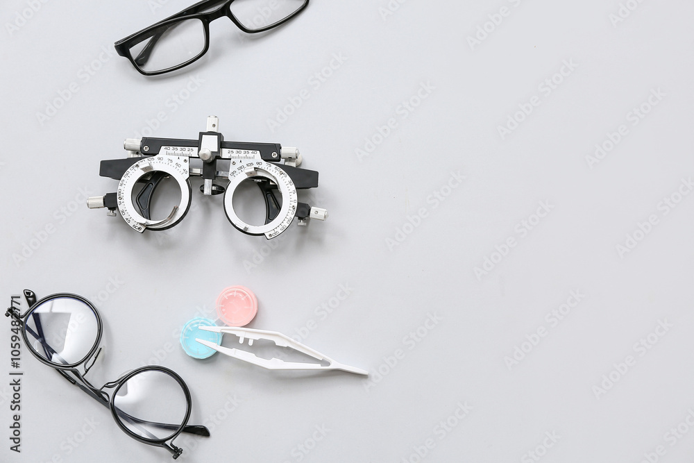 Optical trial frame with eyeglasses and set for contact lenses on white background