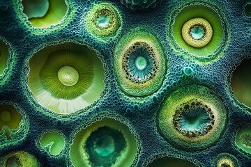 Algae, microalgae macro. biotechnology, science. Flat lay, top view. Biofuel research process in laboratory.