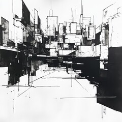 Poster - A bustling urban landscape is illustrated in bold black ink, featuring intersecting lines and geometric forms that evoke modern architecture. Generative AI