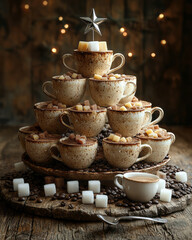 A festive Christmas tree made from coffee cups and mugs of different sizes, arranged in a pyramid shape, with sugar cubes and coffee beans as ornaments, and a shiny silver spoon as the star,