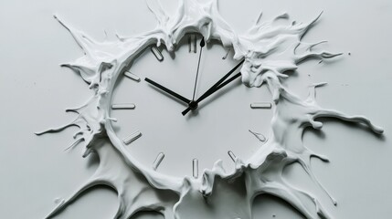 Poster - The clock features melting hands and splashes, illustrating the fluid nature of time as it drips and bends in a captivating design. Generative AI