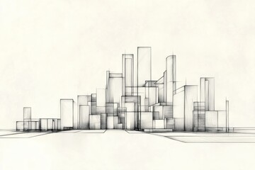 Fototapete - A minimalist drawing showcases a futuristic city skyline featuring clean, geometric shapes arranged harmoniously across the canvas. Generative AI