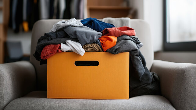 A pile of assorted clothing in various colors overflowing from an orange storage box placed on a beige upholstered chair in a room with natural light.